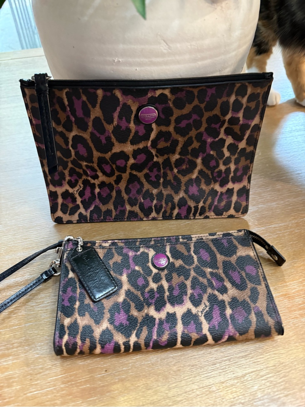 Coach Ocelot Wristlet and Pouch - Brown with Purple Spots